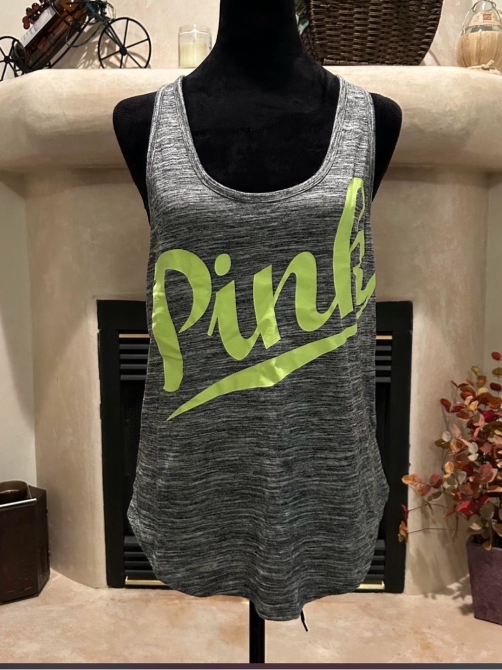 PINK Victoria's Secret Heather Gray Tank with Neon Lime Script Logo
